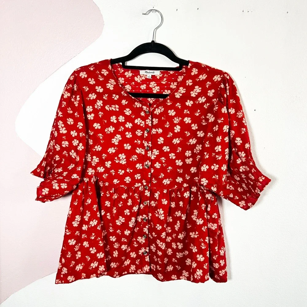 Madewell‎ Floral Peplum Top Womens Large 100% Cotton Red Puff Sleeve